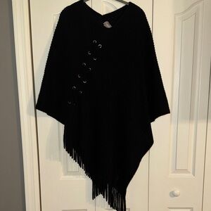 Chico's Black Knit Poncho with Lace-Up Detail